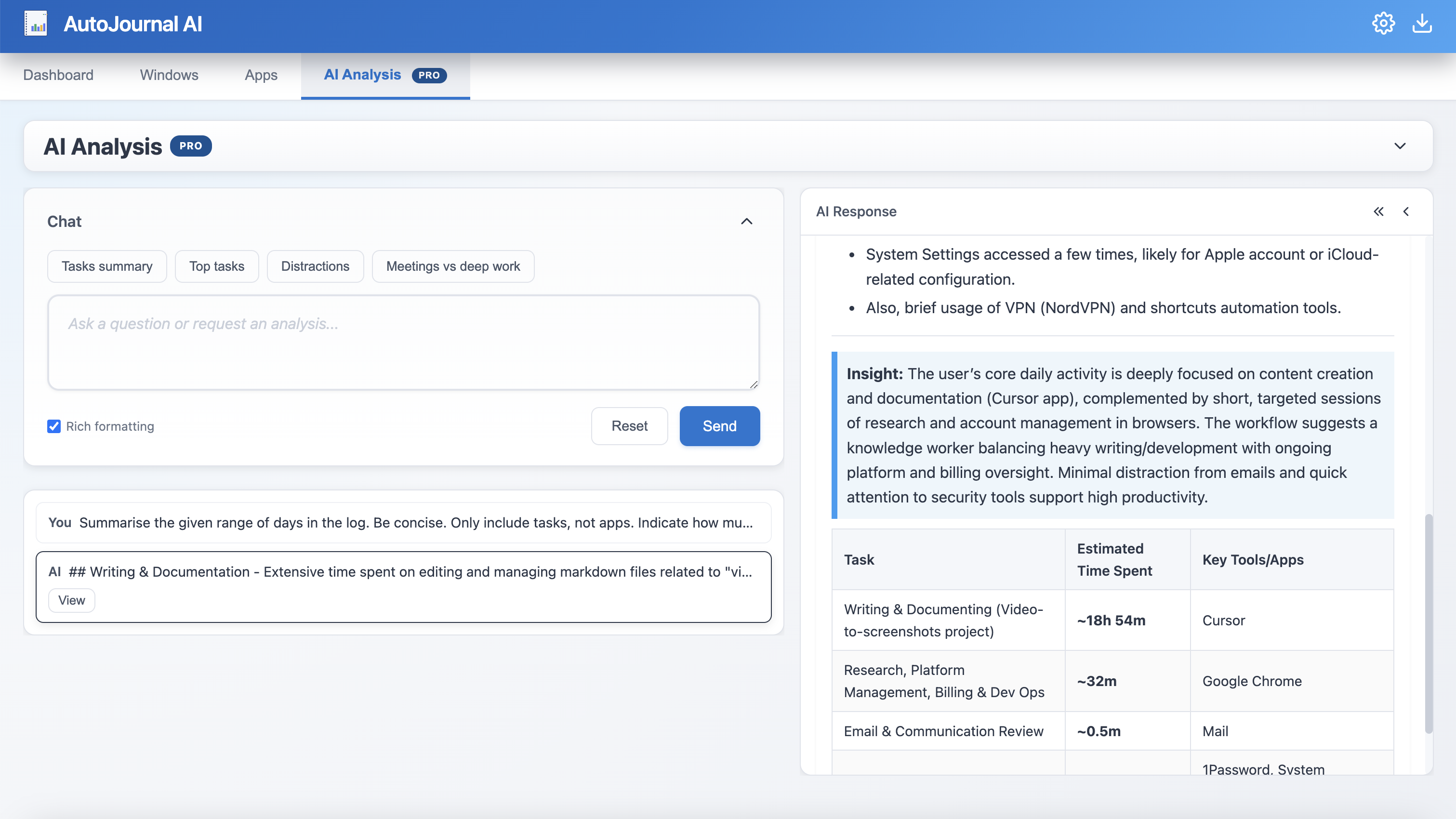 AI Chat interface inside the app
